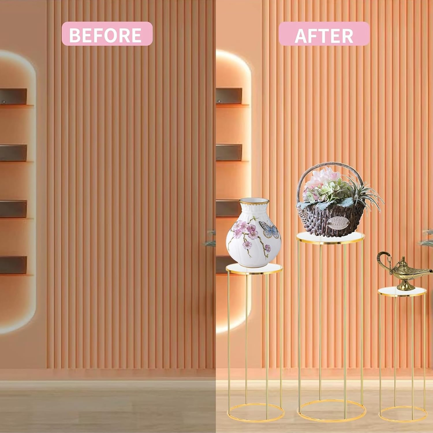 Cylinder Pedestal Stands for Parties, Metal Cake Table round Stand, Display Cylinder Tables for Birthday Party Wedding Living Room Patio, 3PCS Gold image number 1