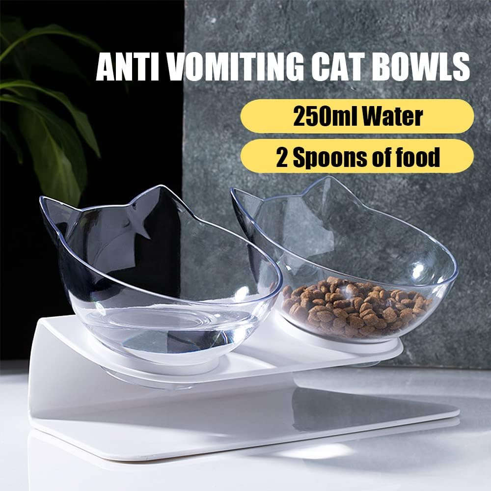 Tilted Cat Bowl with Stand 15&deg; Raised Cat Bowl anti Vomiting for Kittens Elevated Double Cat Bowls Plastic Transparent image number 2