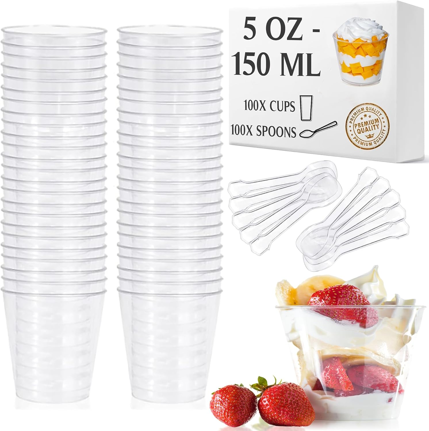 100 X 5Oz/150Ml Mini Cups with 100 Spoons - Reusable Clear Dessert Cups - Clear Dessert Shooter Cups BPA Free - Small Dessert Cups for Appetizer, Puddings, Mousse, Yogurt and Ice Cream image number 3