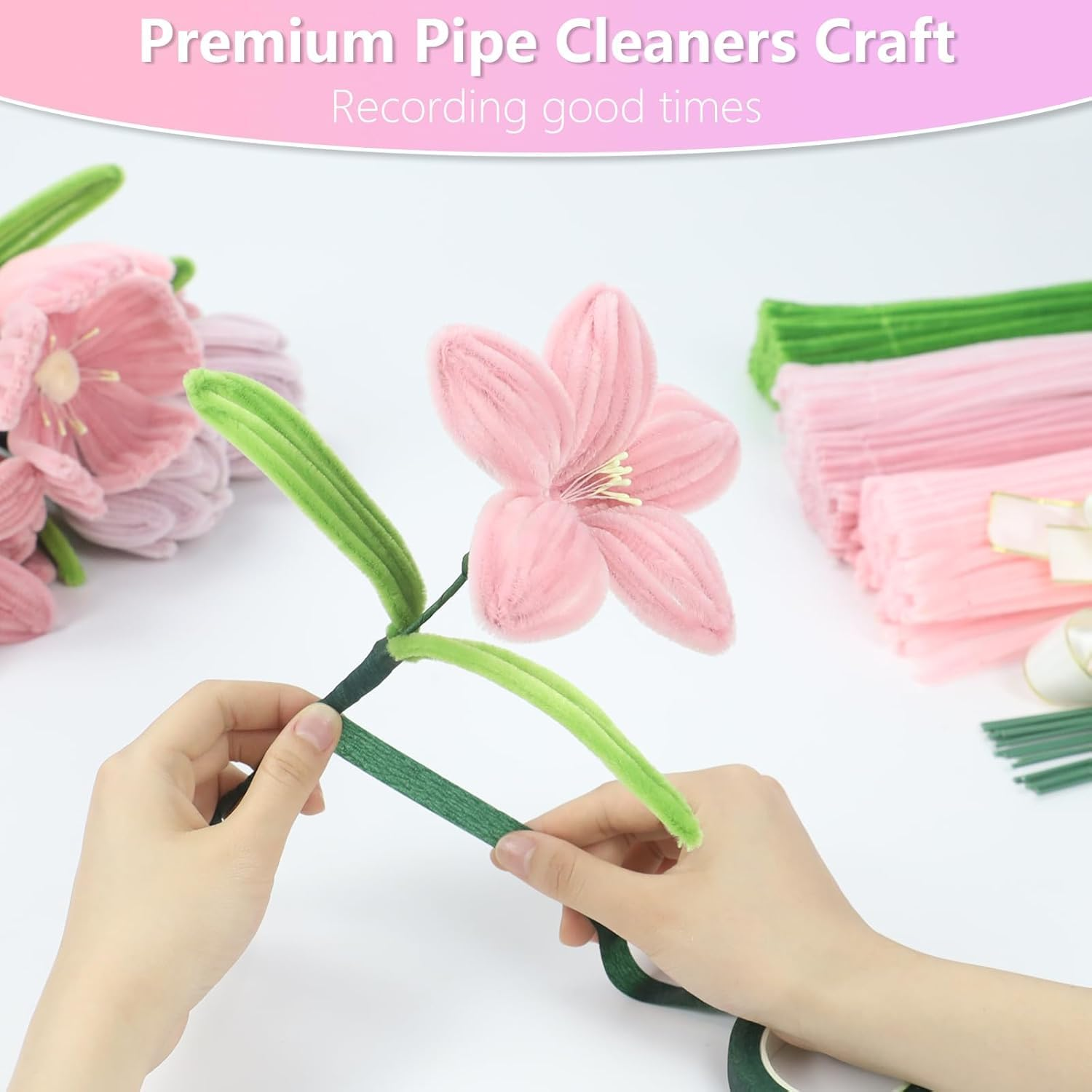 XUANZHI 400 Pcs Pipe Cleaners Craft,4 Assorted Colors Pipe Cleaners Bulk, Chenille Stems for DIY Flower Making Kit with Floral Wires, Gardening Tape,Stamen& Ribbon (Pink) image number 5