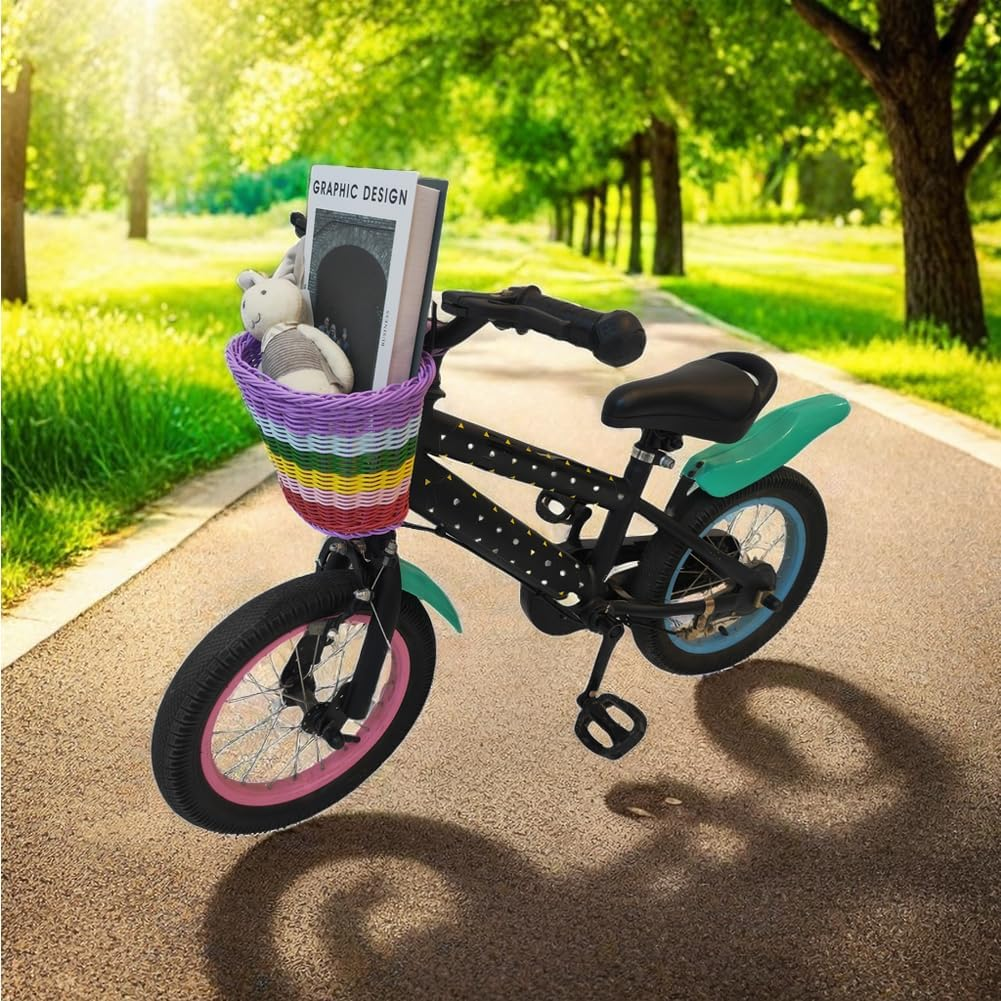 Kids Bike Basket, Front Bicycle Bike Baskets for Kids, Small Wicker Bike Basket for Boys and Girls, Small Wicker Basket for Bike, with 1Pc Bicycle Bell, and 1Pairs Ribbons Tassels image number 6