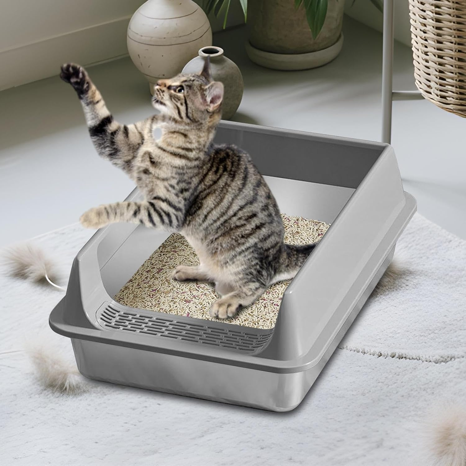 Lmyit Cat Litter Box - Stainless Steel Kitten Litter Box Splash-Proof with Scoop,Non-Stick Pet Accessories for Large Medium Small Cat Apartment Garden Balcony Terrace image number 2