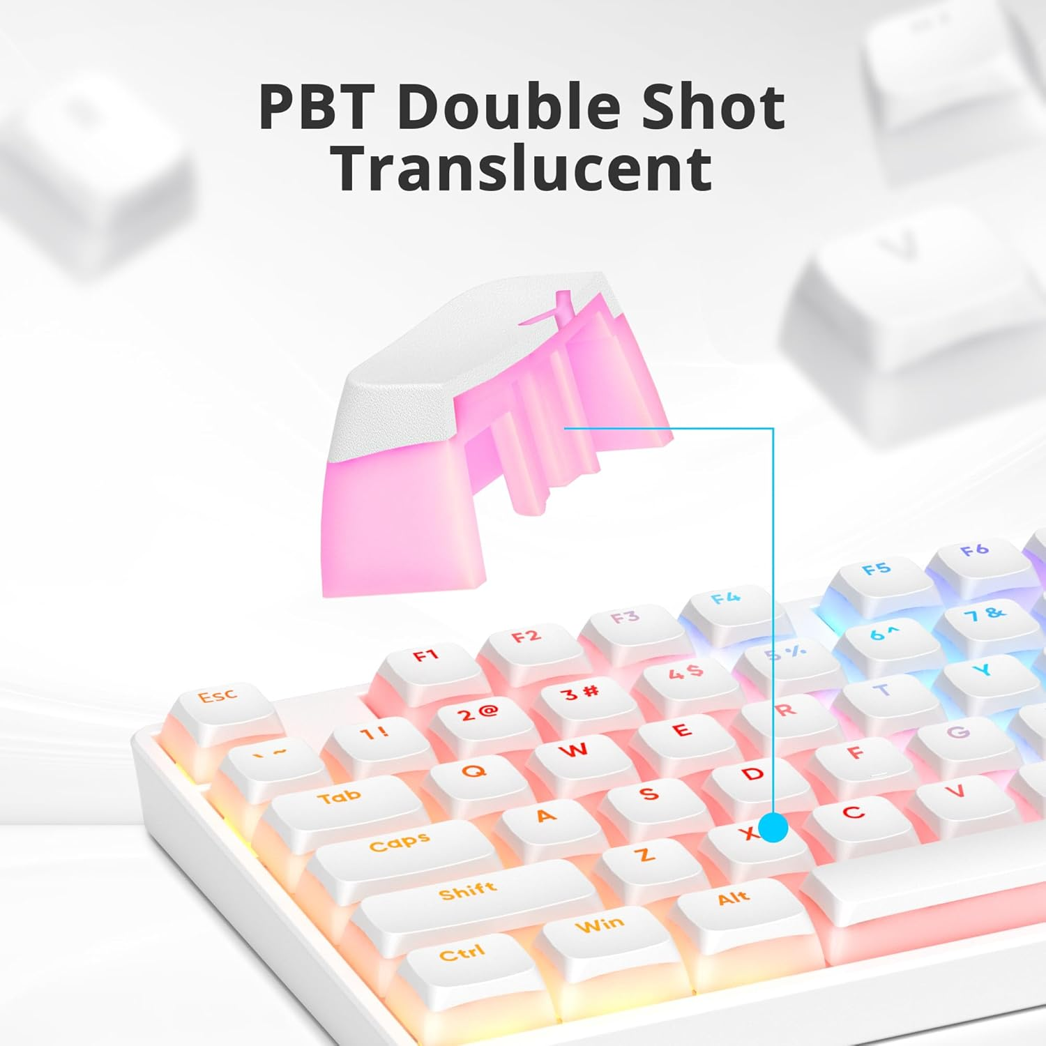 Ussixchare PBT Pudding Keycaps Set 117 Keys, Double Shot Translucent XDA Profile for ISO & ANSI Layout 61/68/84/87/104 Keys Mechanical Keyboard, White Pudding image number 4