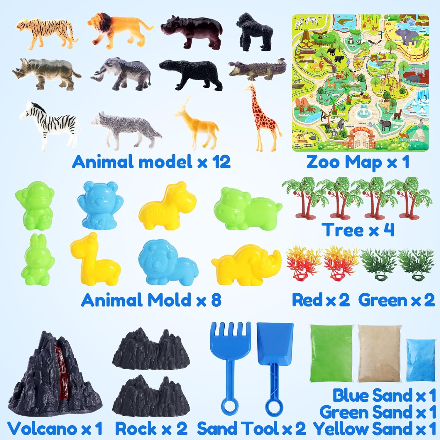 Billeeit Animal Sensory Bin Sand Toy, Play Sand Kit W/Lid and 2.2Lbs Magic Sand, Molds, Tools, Map Set 35Pcs Total for Kids 3+