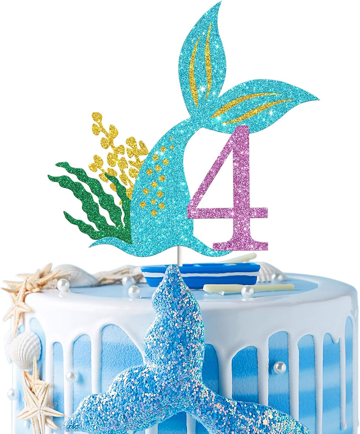 Mermaid Four Cake Topper, Happy 4Th Birthday Cake Decor, I'M Four Sign, Little Mermaid Birthday Party Decoration Supplies, Daughter of the Sea, under the Sea Themed, Ocean Themed - Glitter