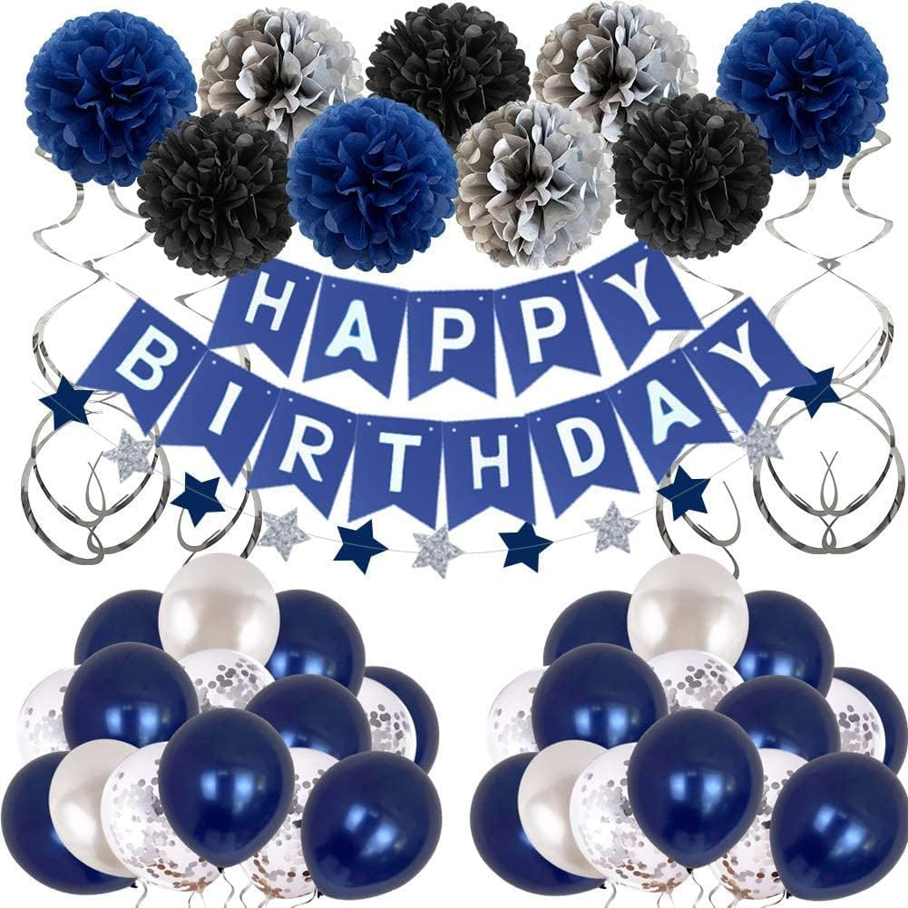 Navy Blue Birthday Flag Pulling Night Balloon Paper Flower Ball Decoration Set Silver Star Flower Spiral Pendant (47Pcs) image number 1
