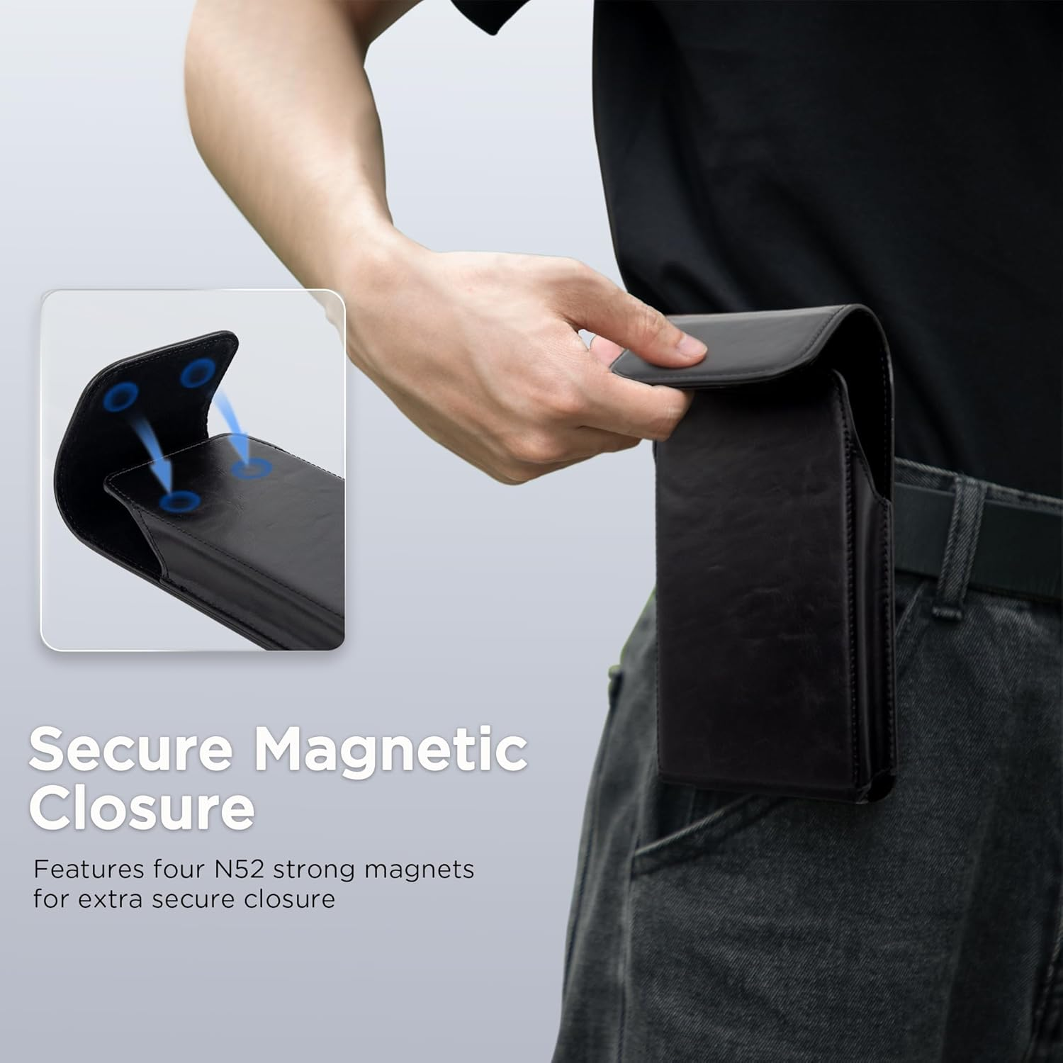 INGIDO Holster for Iphone 15, 14, 13, 12, 11, XR, Galaxy S24, S23, S22 - Premium Leather Pouch with Belt Clip Phone Case, Black - Medium