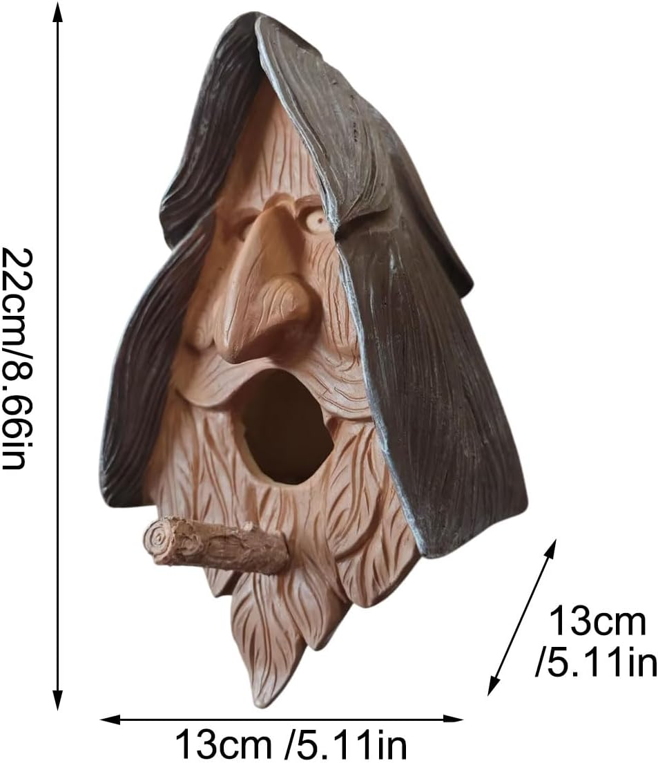 AIMALL 10.23 Inch Resin Birdhouse, Unique Face Design, Decorative Art, Hanging Bird Nest for Courtyard and Garden Decor image number 4