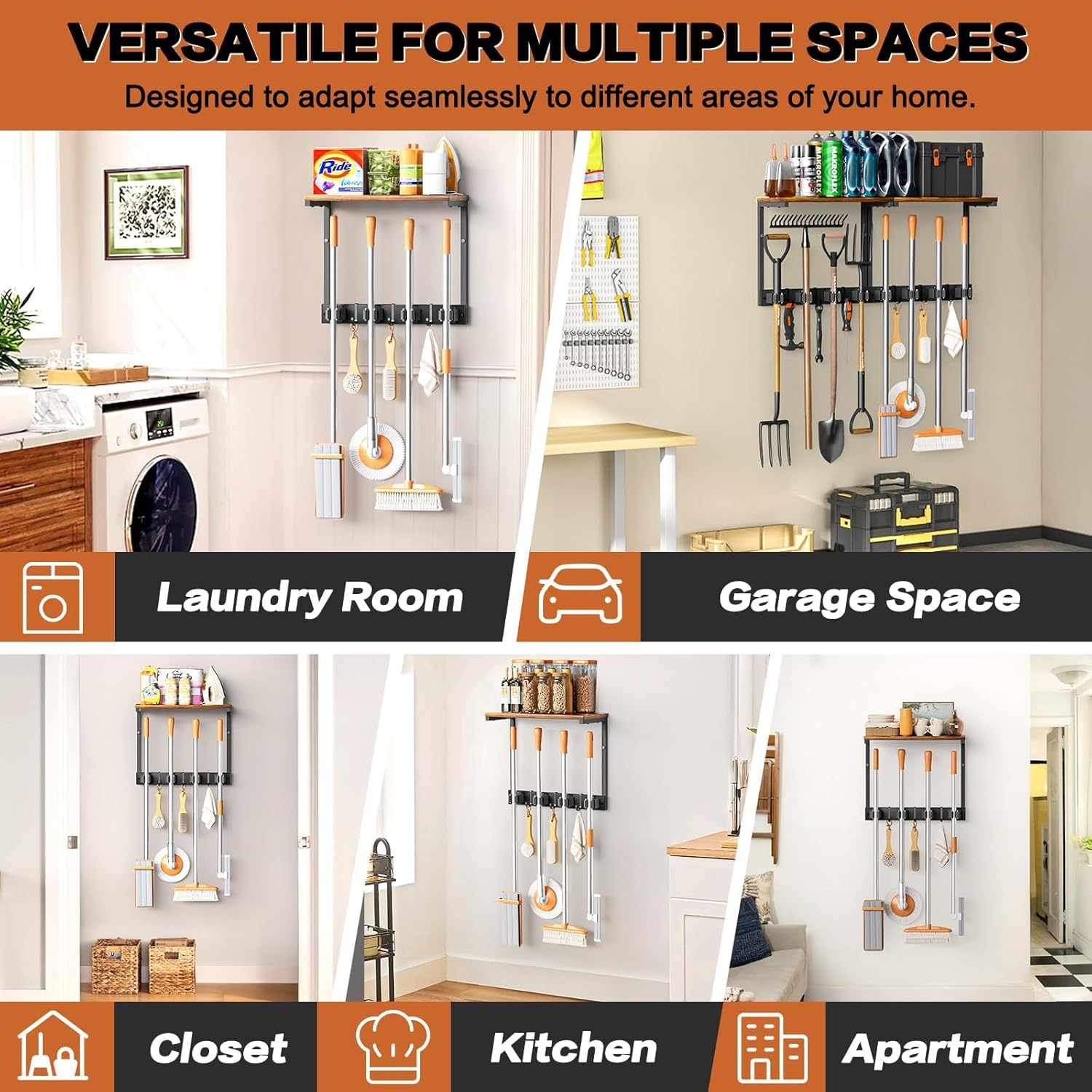 Broom Holder Wall Mount with Cleaning Supplies Organizer, Laundry Room Organization and Storage Shelves, Mop Hanger Broom Rack with Hooks, Home Improvement Kitchen Shelf Garage Organizer image number 3