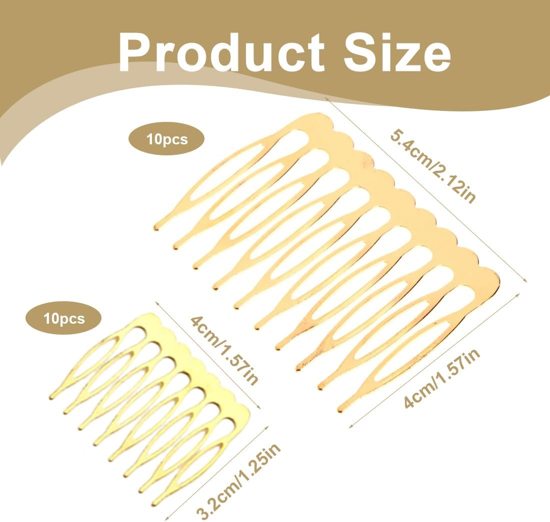 20 Metal Side Combs (10 & 6 Teeth) for Veil, French Women Side Combs with Teeth for Hair Accessories with Silver & Gold Bun Clip image number 1
