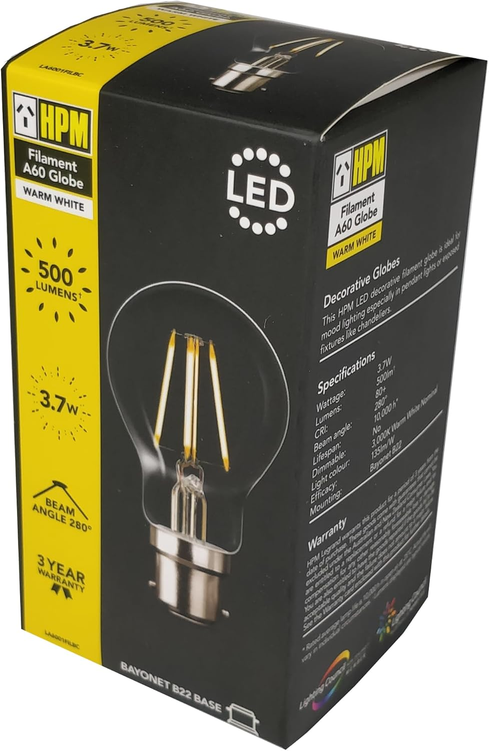 10 X 3.7W LED Filament Light Globes Bulbs B22 Bayonet BC 500Lm Warm White - HPM image number 4