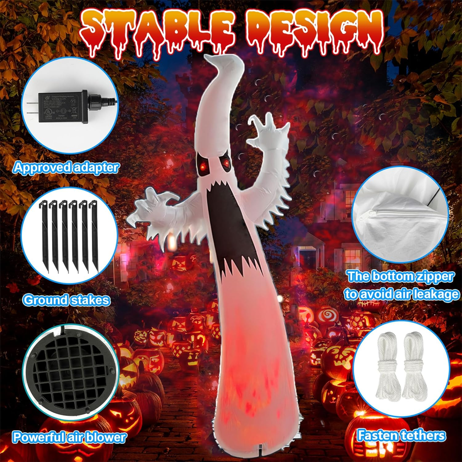 8 FT Halloween Inflatables Ghost Decorations Outdoor Indoor Blow up Yard Decor with Built-In Colorful Leds for Lawn Garden Holiday Party image number 2