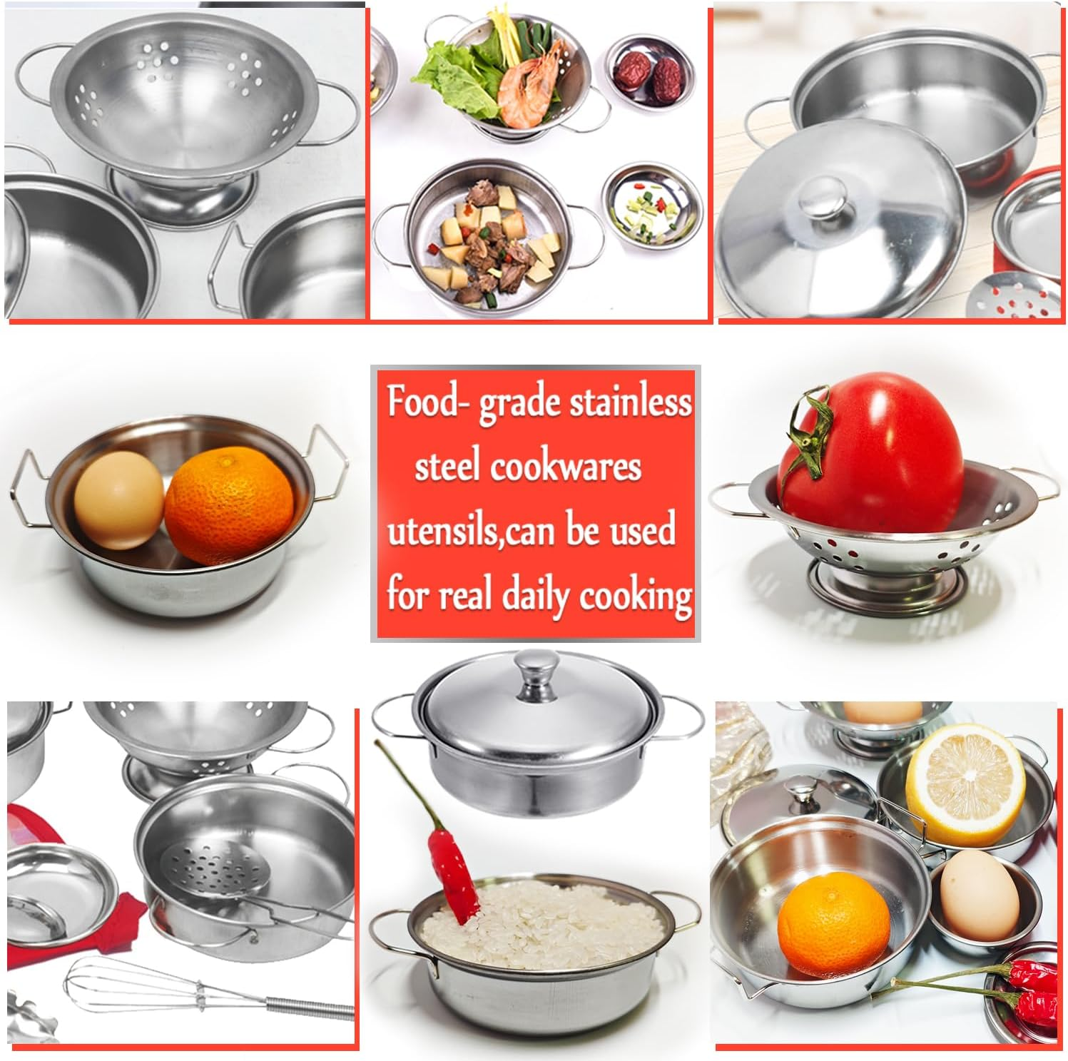 Kids Pretend Play Toys, Mini Kitchen Accessories Set with Stainless Steel Pots and Pans, Miniature Cooking Utensils Cookware for Girls and Boys, Classic Style 11PCS image number 6