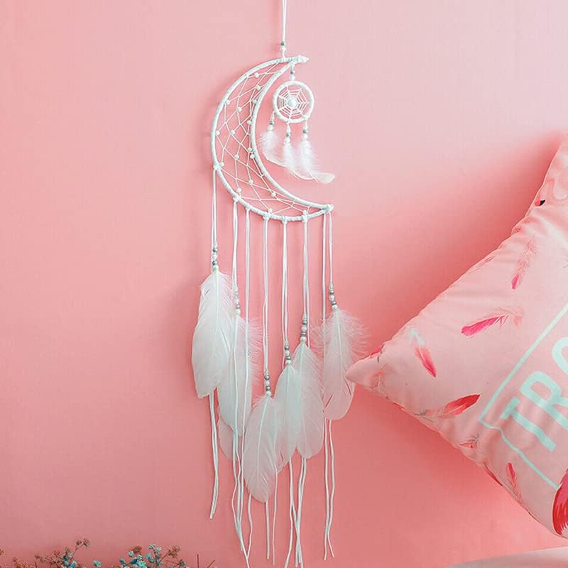 AIMALL 1PC Moon Crescent Feather Dream Catcher Wall Hanging Tapestry, 29.5 X 7.9 Inches, Woven Nursery Craft with Natural Wood, Lace, Cotton String image number 2