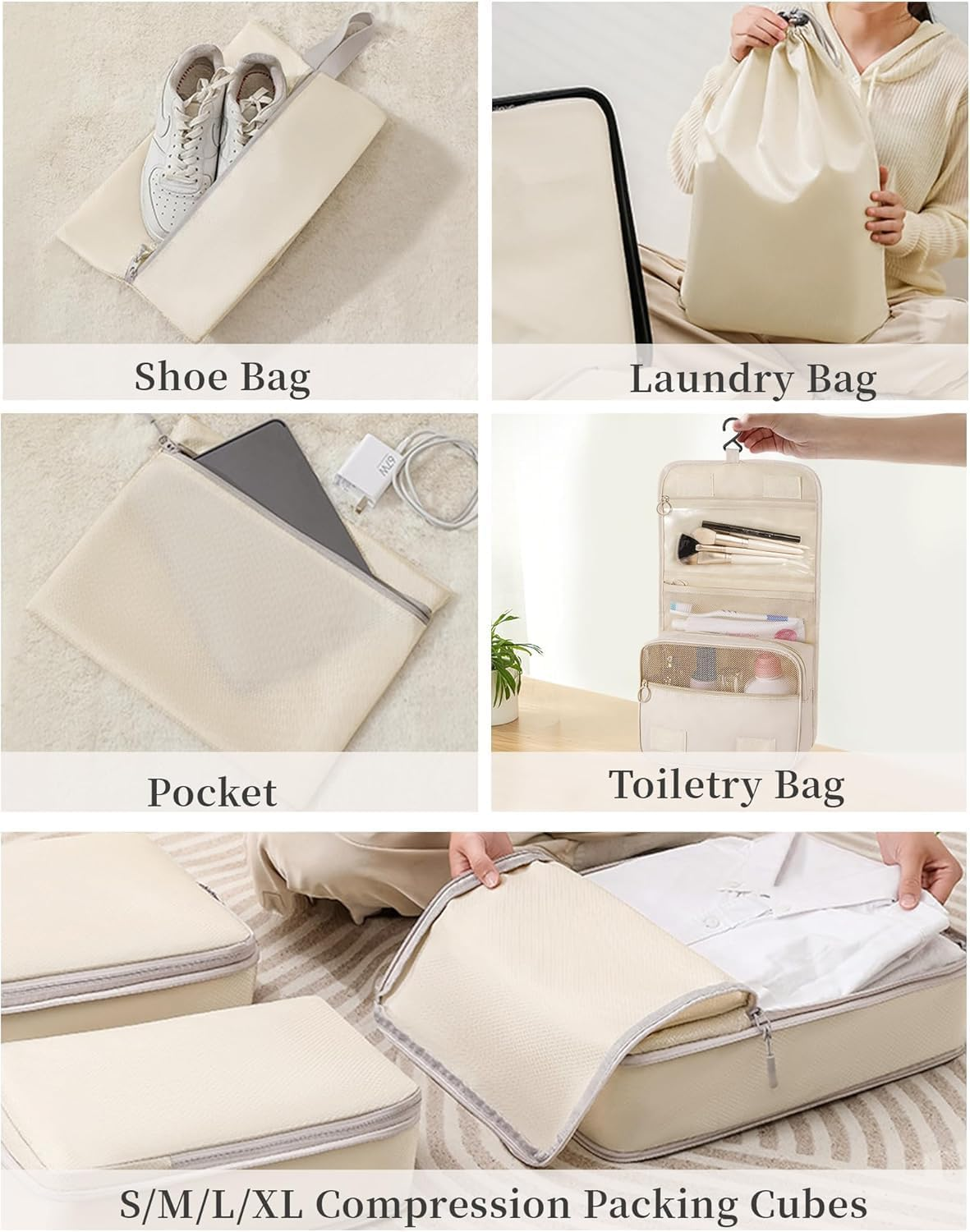 TRMFUSA Compression Packing Cubes 8 Set, Suitcase Organiser Bags, Travel Cubes for Suitcases, Luggage Organiser Packing Bags, Flight Cruise Holiday Essentials (Beige) - Beige image number 2