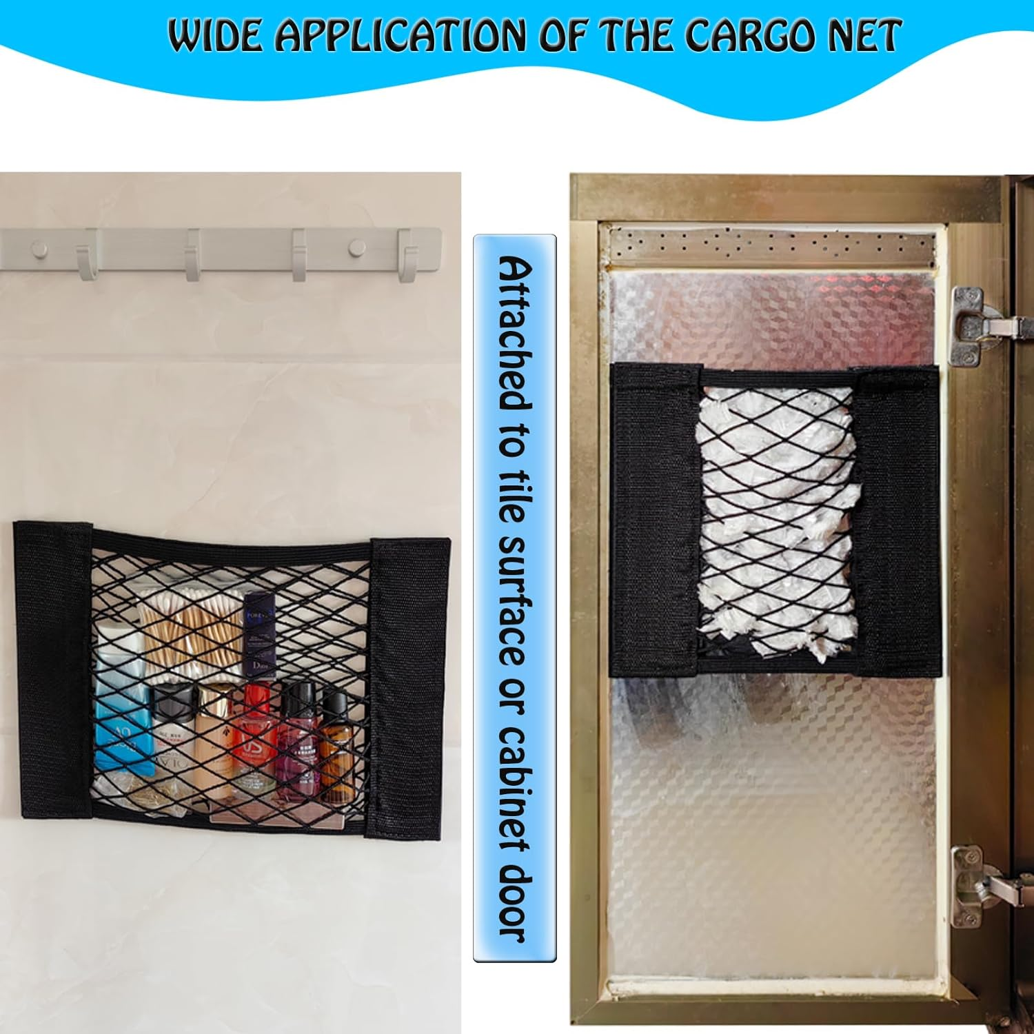 XIWUMOER 4Pack Automotive Cargo Net Car Storage Wall Sticker Organizer Pouch Bag Elastic Mesh Pocket with Tape Stickers for Trunk Organizer Holder for Cabinet Organize 4PCS (Same Size)