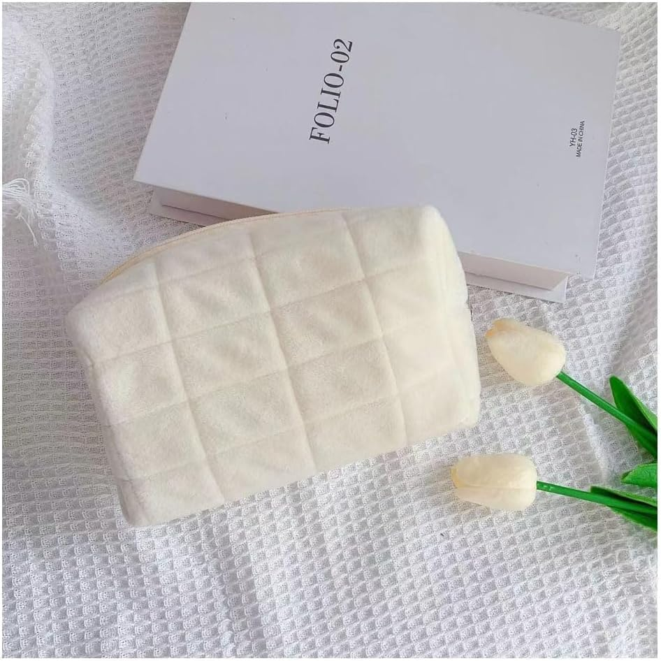 1 Pack Plush Makeup Bag Cosmetic Bag Large Capacity Pencil Pen Case, Zipper Travel Toiletry Pillow Bag, Pouch Holder Box Organizer Aesthetic Stationery Supply for Girls Adults (White) image number 1