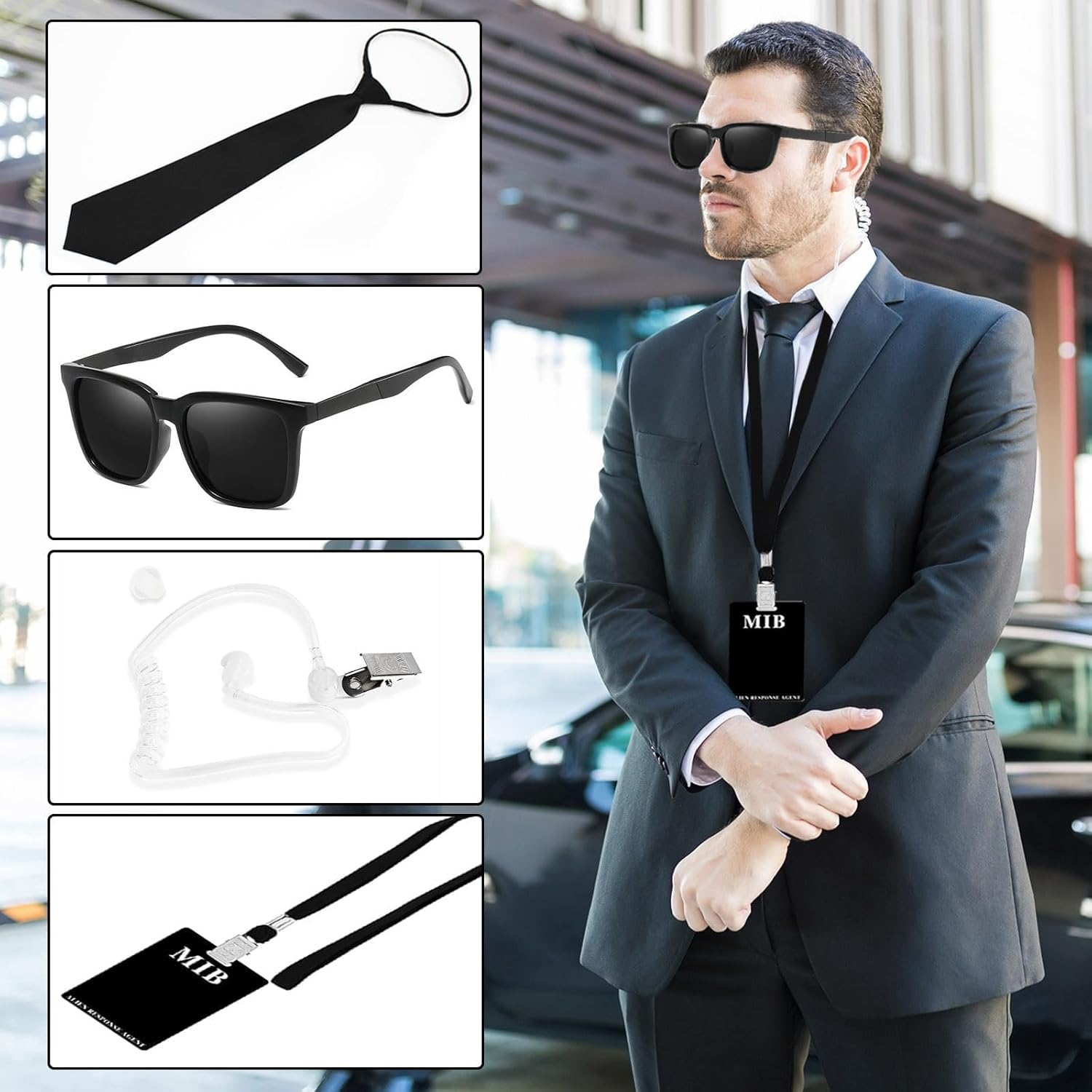4Pcs Agent Costume Accessories Set, Secret Agent Fancy Dress Kit with ID Card Prop Lanyard Fake Earpiece Ziptie Black Frame Sunglasses for Adults Carnival Halloween Cosplay Dress up Party image number 3