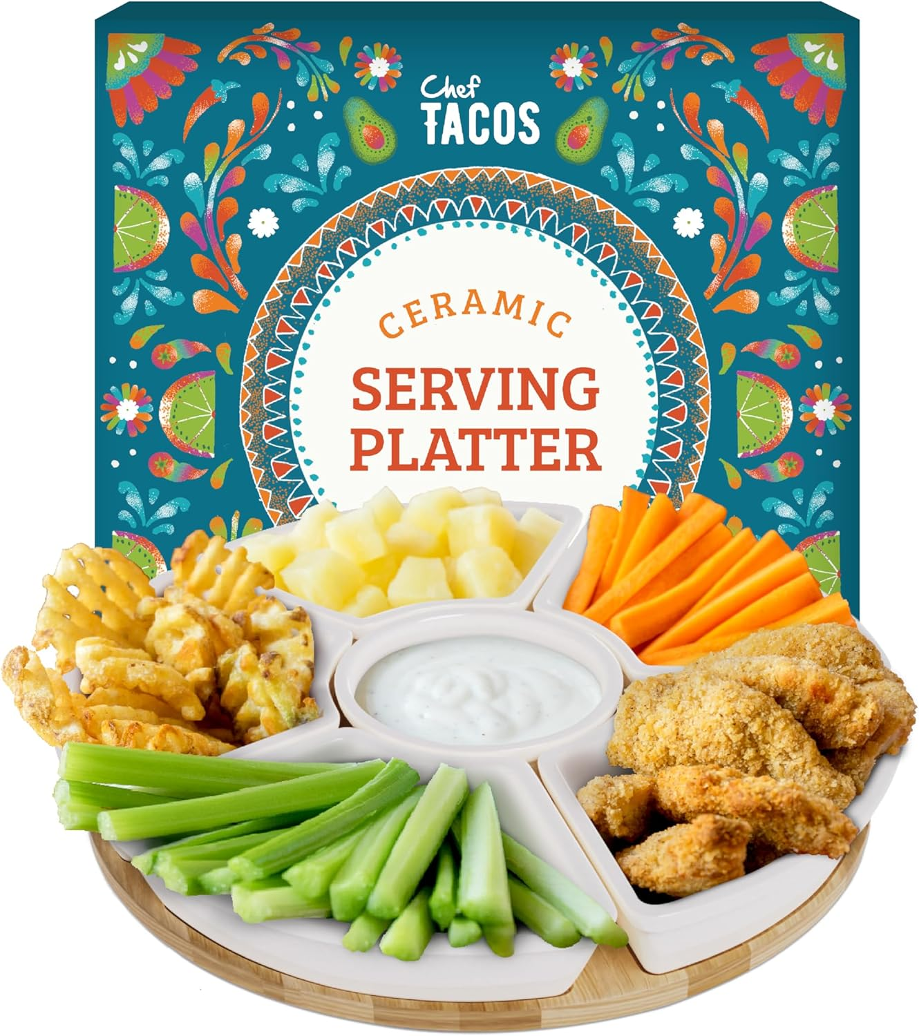 Chef Tacos Ceramic Taco Serving Platter - Divided Serving Tray for Taco Tuesday Lazy Susan Taco Bar - Chip and Dip Serving Set for Party - Appetizer Serving Tray for Salsa, Snacks &ndash; Taco Tray 26 Cm image number 1