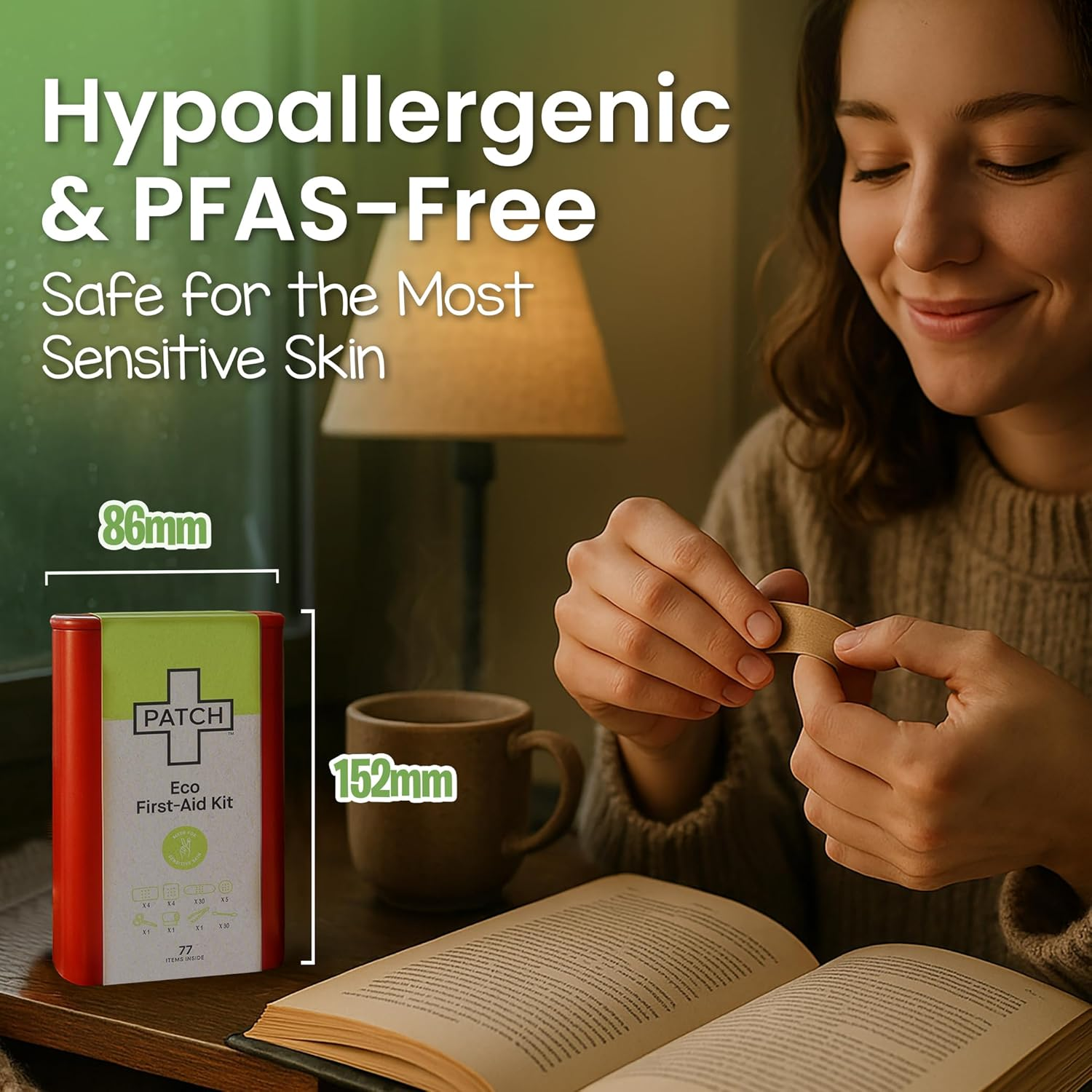 Patch Eco First Aid Kit, Assorted Hypoallergenic Adhesive Sizes Large and Small Bandages for Sensitive Skin, Essential Medical Supplies in a Reusable Tin, Latex Free, Sensitive Skin Bandages, 77 Ct image number 3