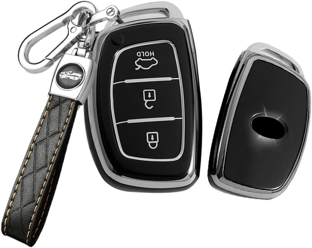 HIBEYO Key Fob Cover for Hyundai Tucson Sonata Fe Creta Mistra Elantra Ioniq Venue IX35 I10 I20 I30 I40 Solaris Kona Accent 2018-2022 Car Accessories TPU Silver-Edge with Leather Keychains-Whtie