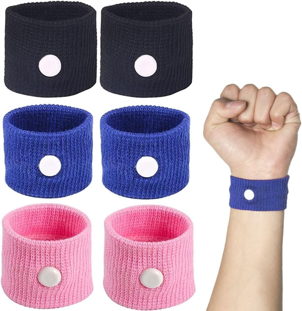 6 Pcs Travel Sickness Relief Wristbands,Seasick Wristbands for Pregnancy Children Adults, Anti-Nausea Wristbands for Car Sickness(Pink,Blue,Black) image number 1