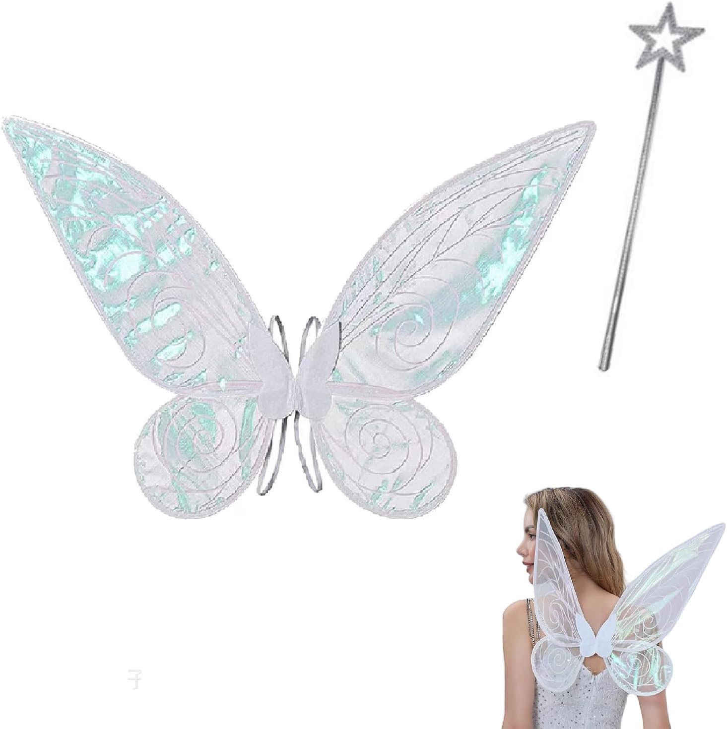 Wzenclave Fairy Wings with Star Wand Shiny Transparent Princess Wings Colorful Butterfly Wings Angel Elf Wings Stage Children'S Festival Party Performance Women Halloween Dress up Party (White) image number 2