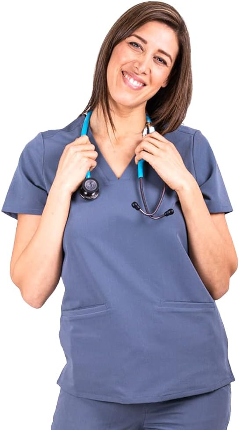 Dr. Woof Apparel Scrub Top for Women - 3 Pocket V-Neck Surgical Scrubs Tops - Short Sleeve Stretch Medical & Nursing Uniform Top for Ladies