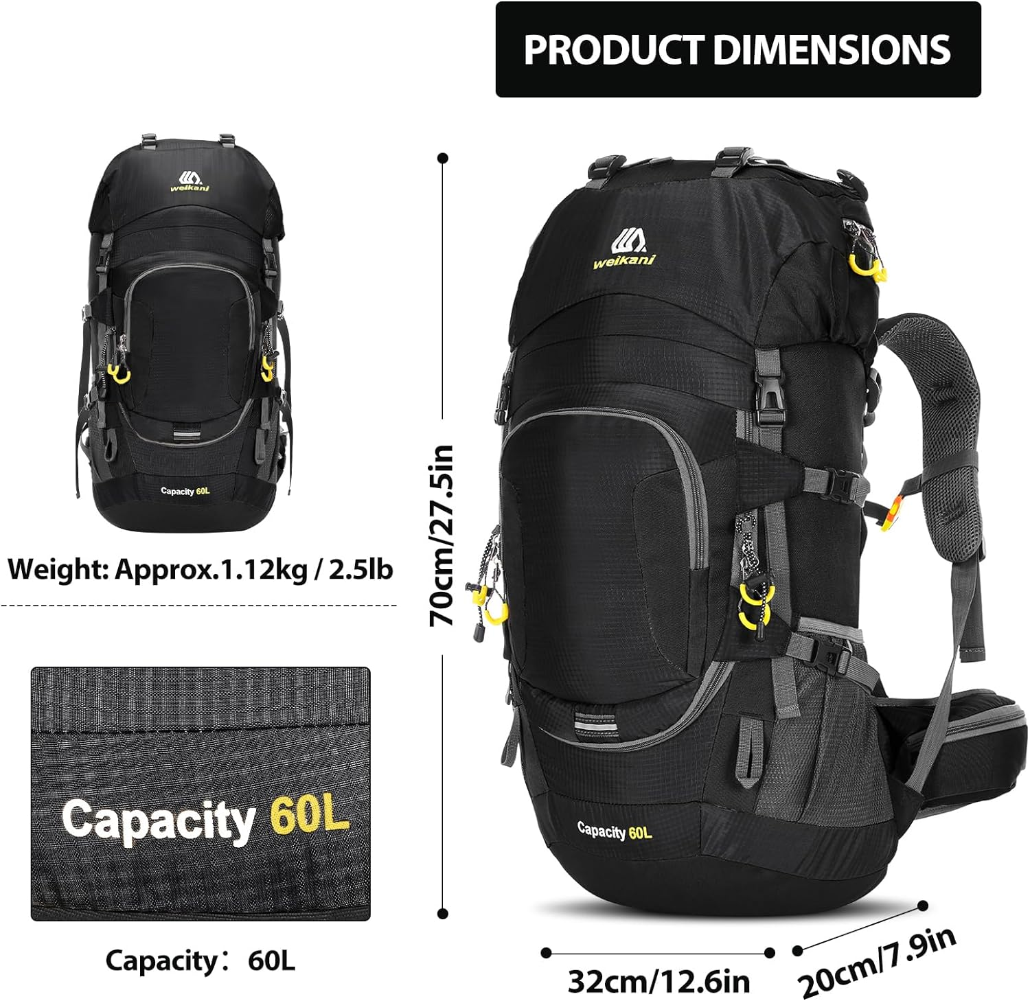 VYNTEL 60L Hiking Backpack with Rain Cover, Unisex Large Outdoor Climbing Backpack for Men & Women, Multi Compartments Camping Rucksack, Adjustable Trekking Bag for Travel image number 1