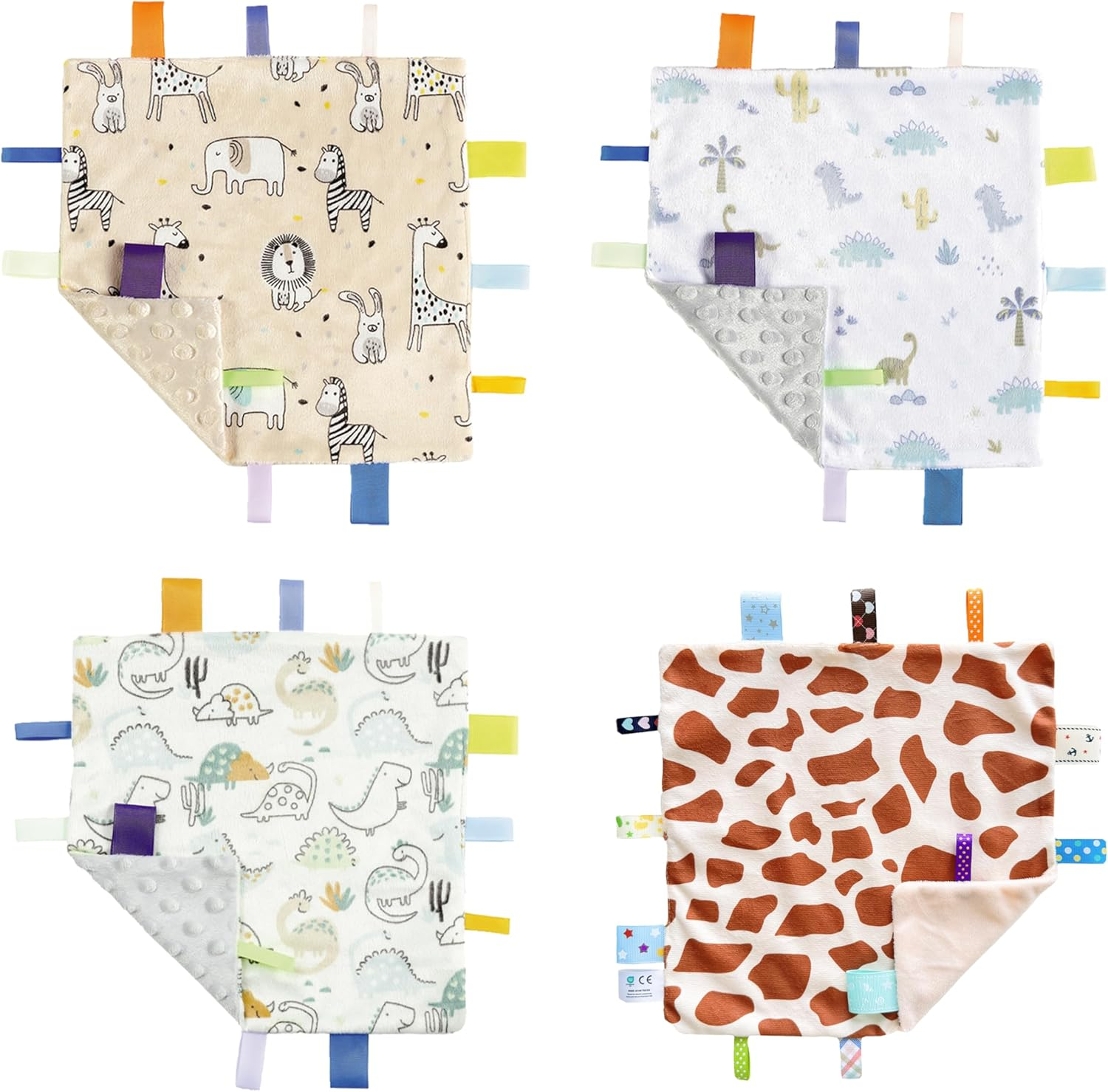 CREVENT Tag Security Blankets for Babies, Soft Small Loveys for Girls, Baby Comforter Sensory Blanket, Great Gifts for Birthday Baby Shower 25X25Cm (Dinosaur+Blue)