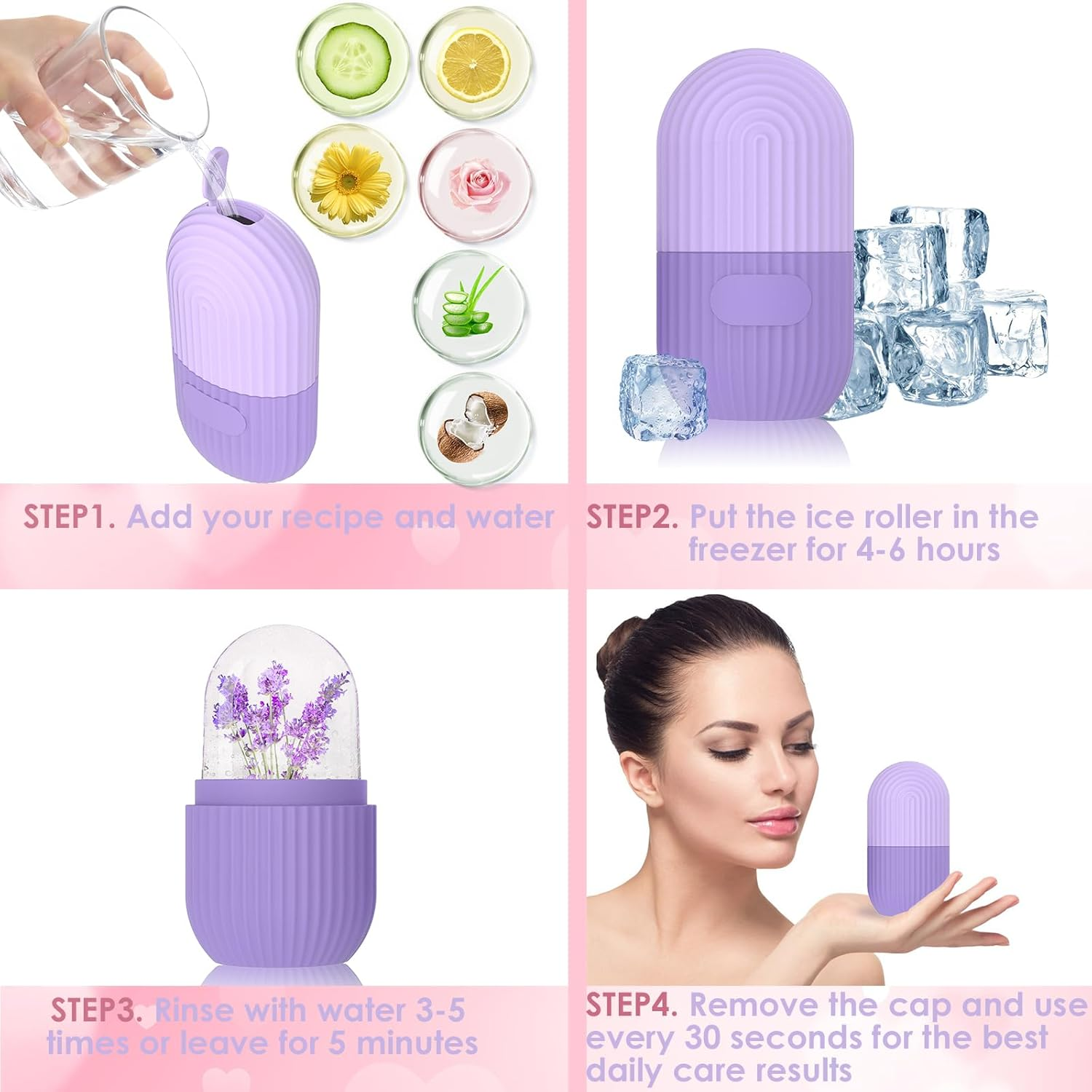 Geeric Ice Face Roller, Silicone Ice Facial Rollers, Cube Face Contour for Eyes Neck, Beauty Facial Massage Roller Remove Dark Circle Pore Shrink Face Roller Skin Care Tools (Purple) - Purple image number 6