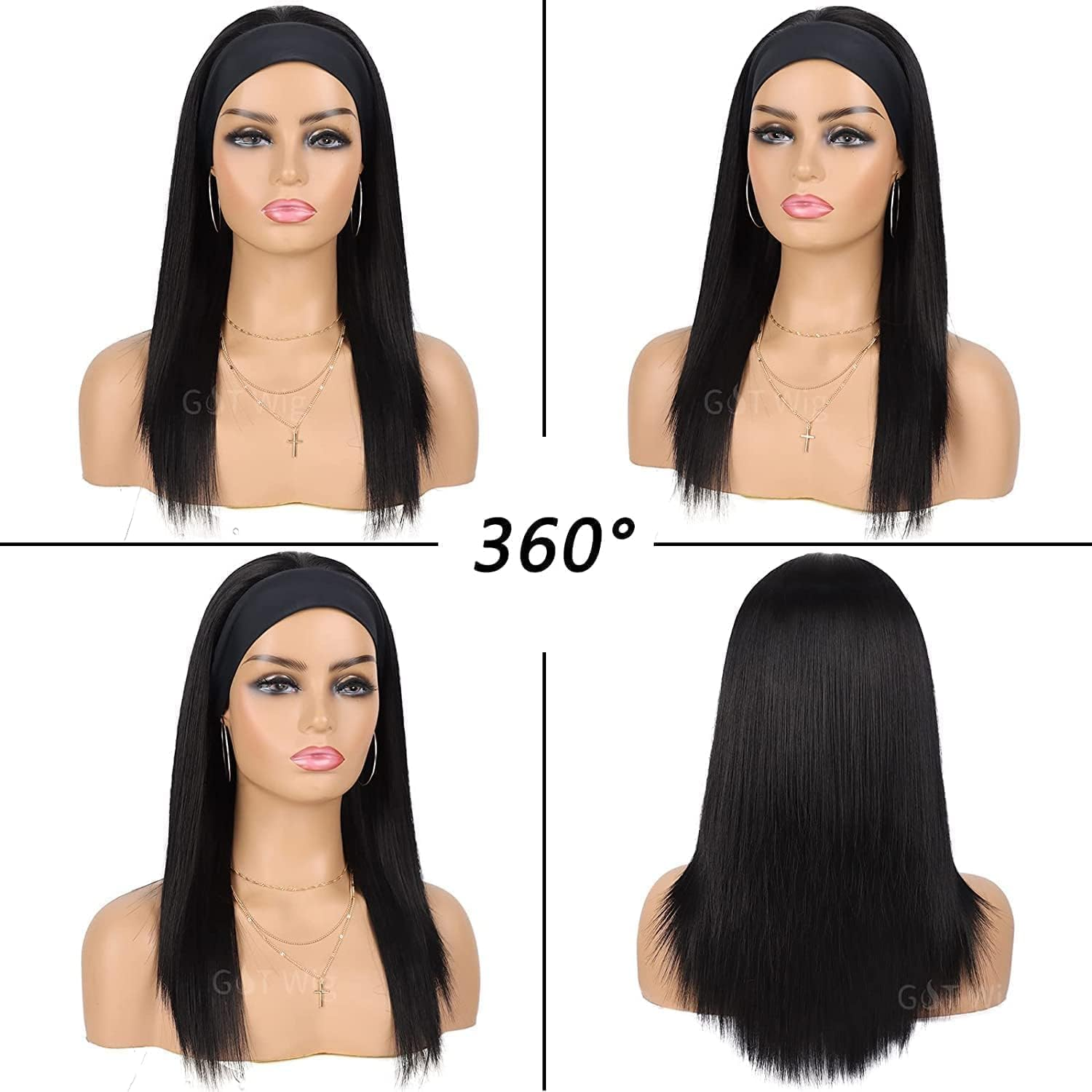 Headband Wig for Women Black Straight Synthetic Headband Wig Glueless Heat Resistant Natutal Looking for Daily Party Use (Black, 26 Inch)