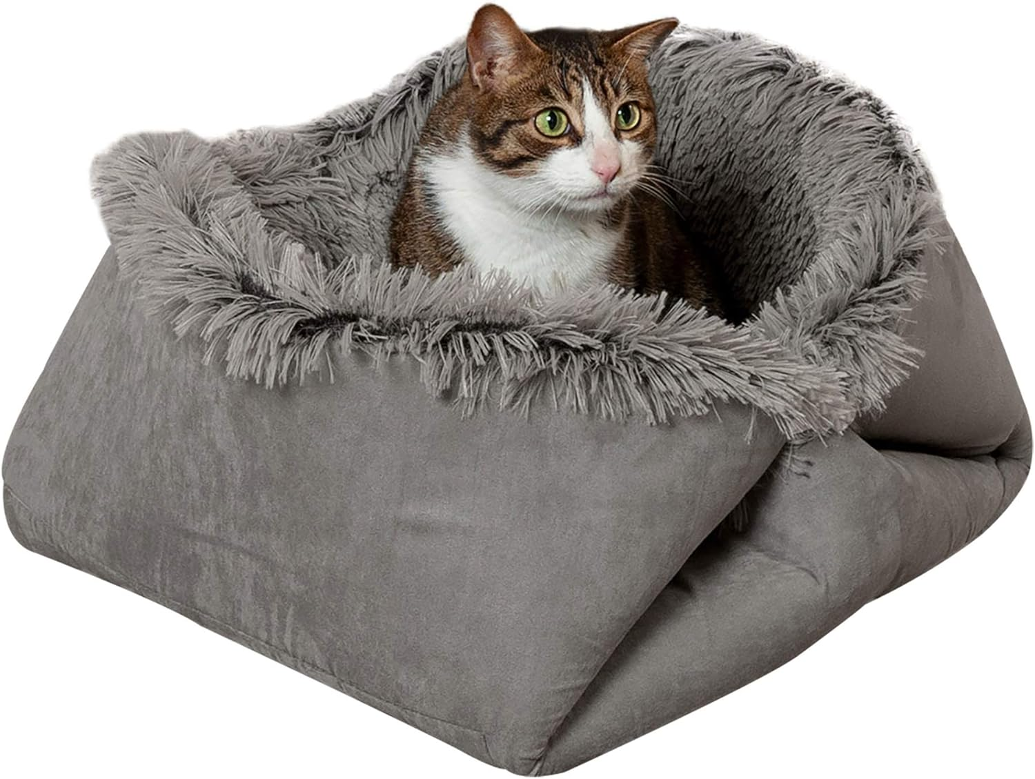 Furhaven Small Cat Bed Self-Warming Long Faux Fur & Suede Convertible Cuddler, Washable - Gray, Small