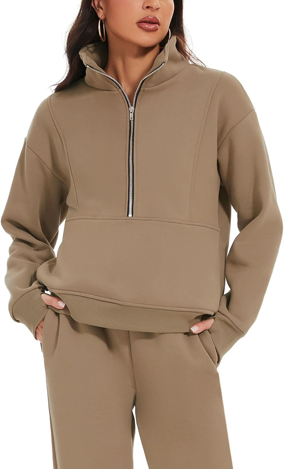 PEHMEA Women'S Fleece Two Piece Outfit Half Zip Sweatshirt and Joggers Pants Set Tracksuit image number 1