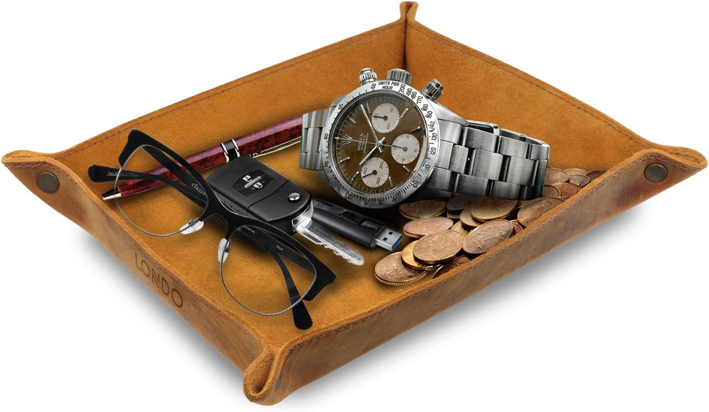 Londo Genuine Leather Tray Organizer Storage for Wallets Watches Keys Coins Cell Phones and Office Equipment - Black