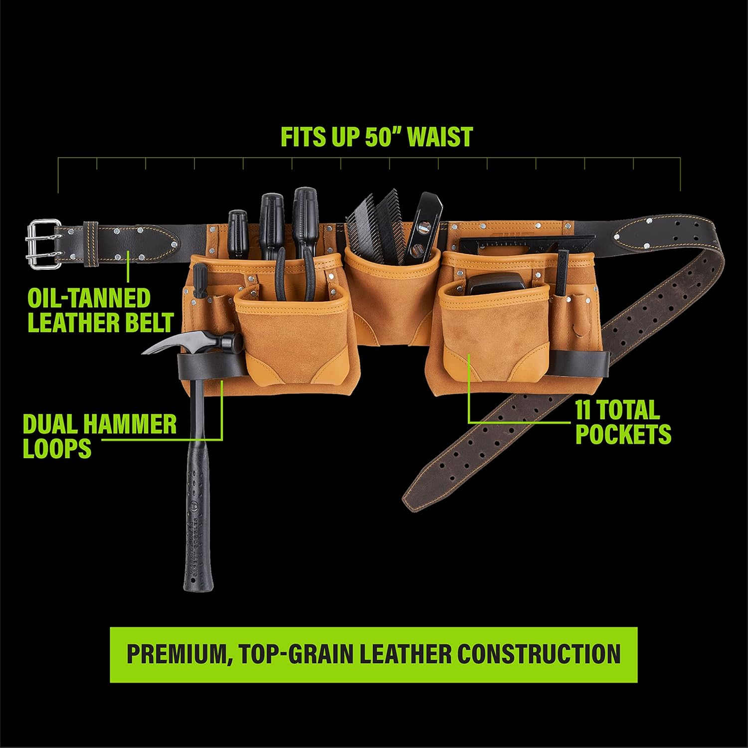 AWP Classic Construction Leather Tool Apron | Durable Top Grain Leather Work Belt with 11 Tool Storage Pockets | Fits up to 50" Waist Size image number 5