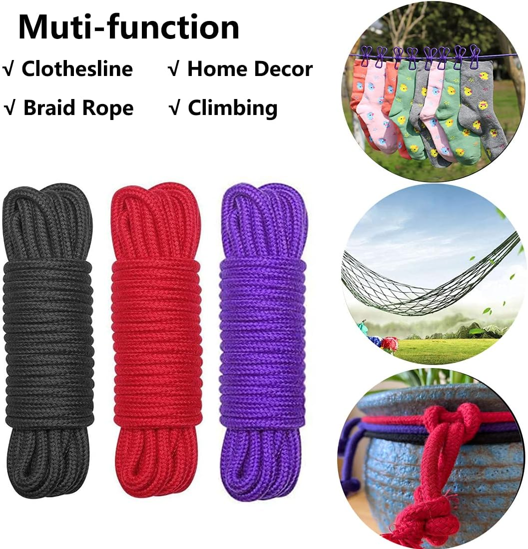 Evealyn Soft Rope Cord,Soft Cotton Rope 3 Pack 10 M/33 Feet 8 MM Solid Braided Twisted Ropes Cotton Rope Craft Rope (Black Red Purple) image number 2