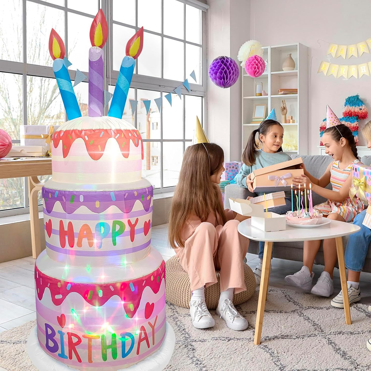 6 Ft Happy Birthday Inflatable Cake Decor with LED Lights &ndash; Outdoor Blow up Yard Sign, Indoor Party Decoration for Home, Lawn, Garden Celebration