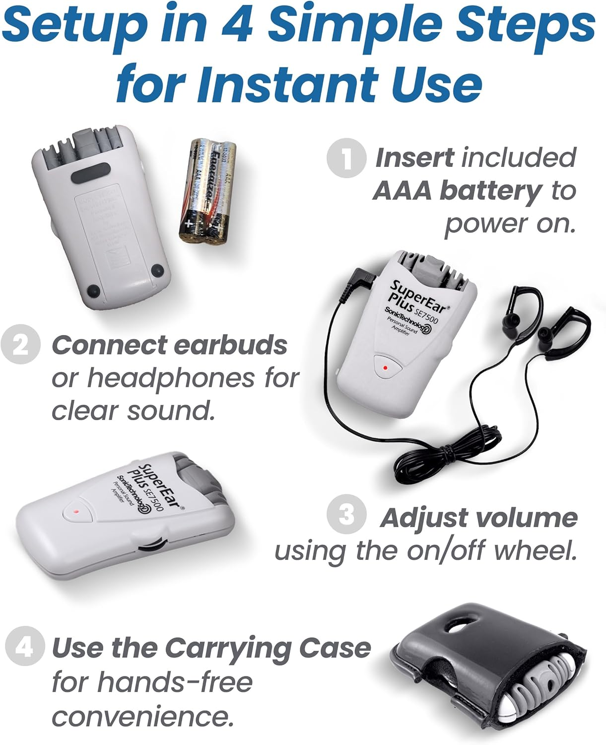 Superear plus Model SE7500 Personal Sound Amplification Product with Case, Headphones and Discreet Earbuds image number 6