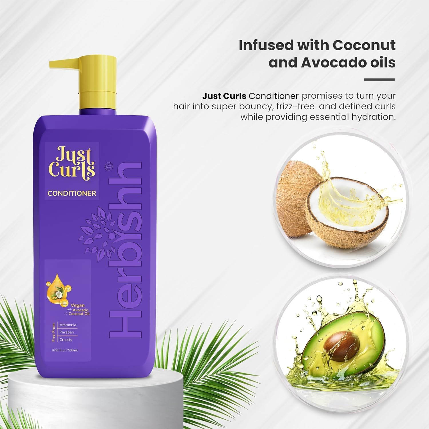 Herbishh Just Curls Vegan Conditioner for Curly Hair Products Kit Enriched with Avocado & Coconut Oil for Dry Damaged, Wavy, Curly Hair Gift Set for Women & Men (500 Ml) image number 6