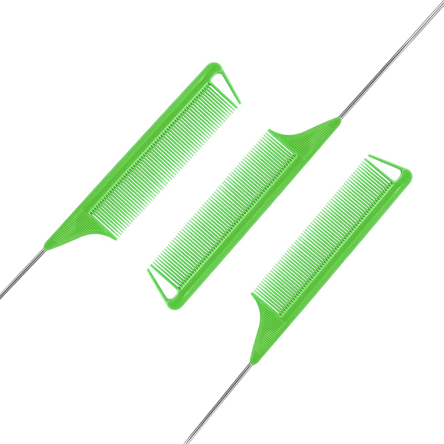 Rat Tail Combs Set: 3Pcs Steel Pin Teasing Combs for Hair Stylists, Parting Combs for Women (Green) - Blue image number 7