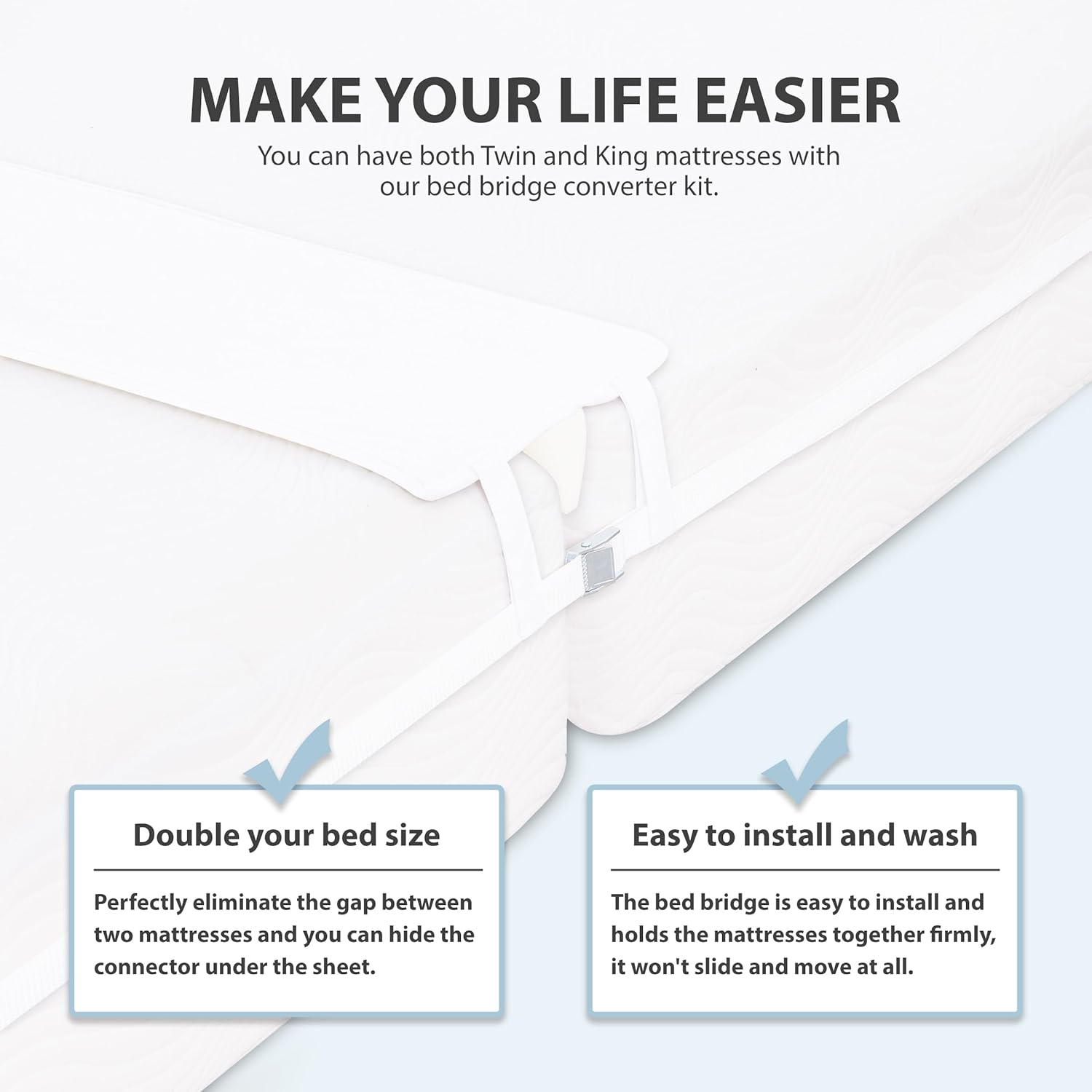 Ruili Bed Bridge Twin to King Converter Kit - Mattress Connector with Strap - Extra Wide Soft Bed Gap Filler - Adjustable Comfortable Bed Connector - Storage Bag Included (Cotton) - White image number 4