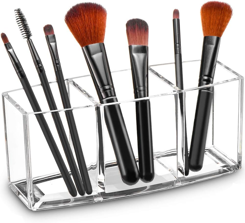Geiwogwc Clear Acrylic Makeup Brush Holder Organizer, 3-Slot Brush & Cosmetic Storage Case, Display Stand for Eyeliners, Eyebrow Pencils, Lipsticks &ndash; Space-Saving Desktop Organizer