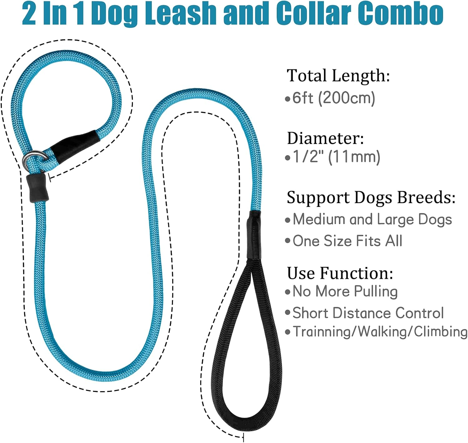 Strong Slip Rope Dog Training Leash (6Ft) - Heavy Duty Durable Braided Nylon Lead with Rubber Stopper & Padded Handle - No Pull Walking for Medium Large Dogs (Blue, 1/2" X 6Ft) image number 2