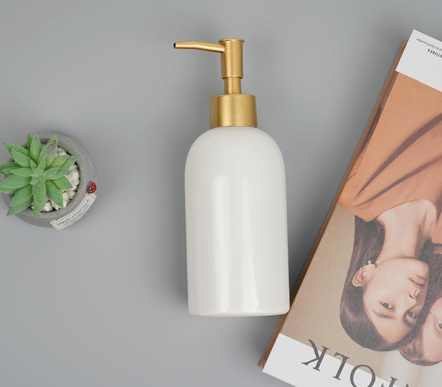 Feesok Ceramic Soap Dispenser White with Gold Pump,Simple Design Cylindrical Lotion Dispenser Bottle,Refillable Liquid Hand Soap Dispenser for Kitchen,Bathroom,Washroom - Black（B） image number 4