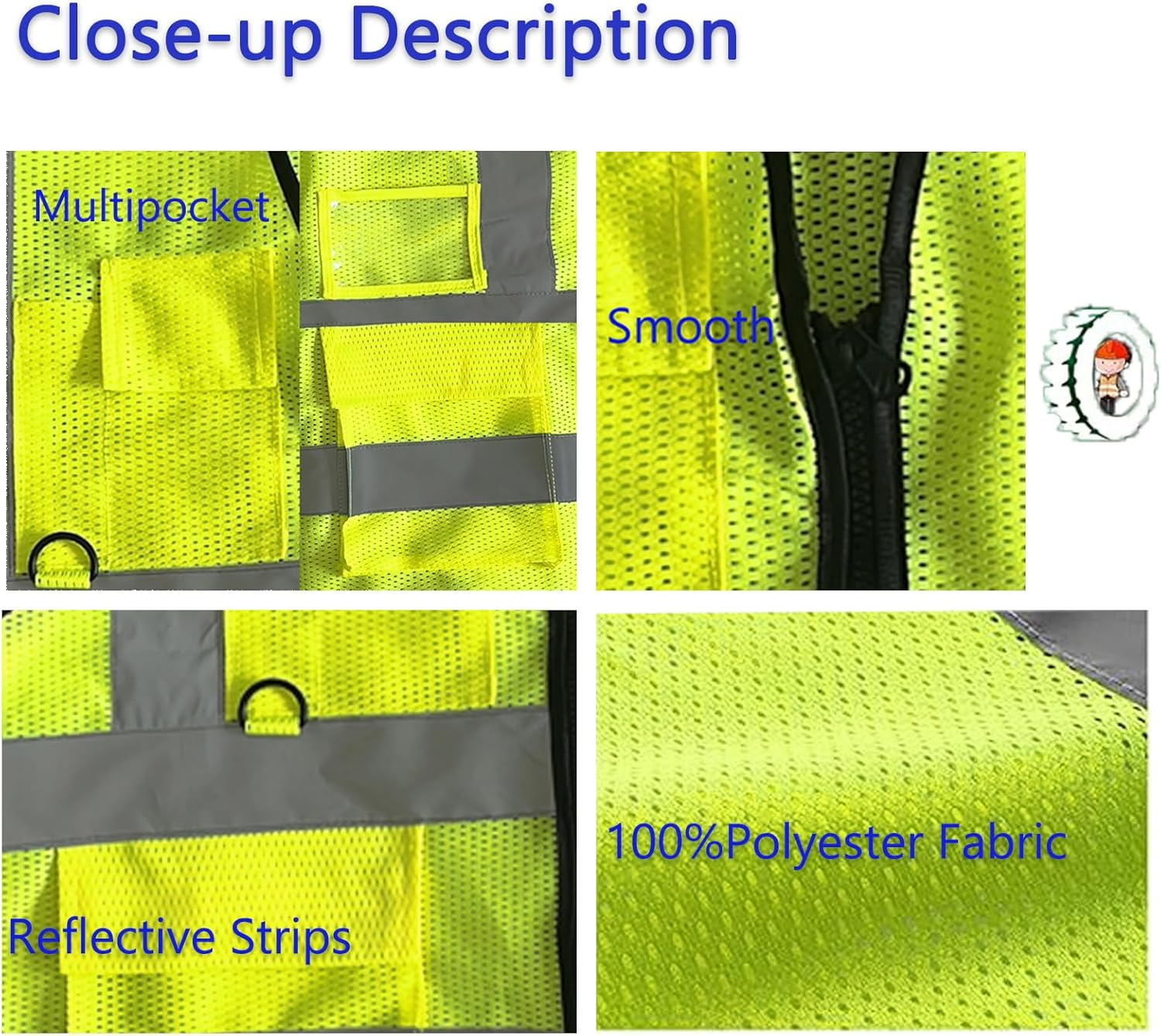 High Visibility Safety Vest, High Vis Vest with Mesh Design, Reflective Strips, Multiple Pockets for Men and Women Yellow,Wear to 140 to 160 Pounds image number 4