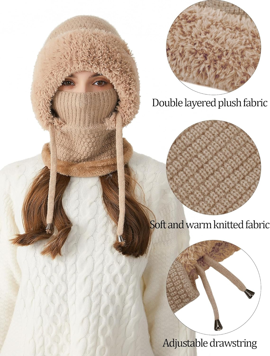 KEOYA Women'S Knit One-Piece Hat with Scarf Elastic Face Mask Fleece Balaclava with Drawstring Winter Warm Ski Beanie Cap image number 2