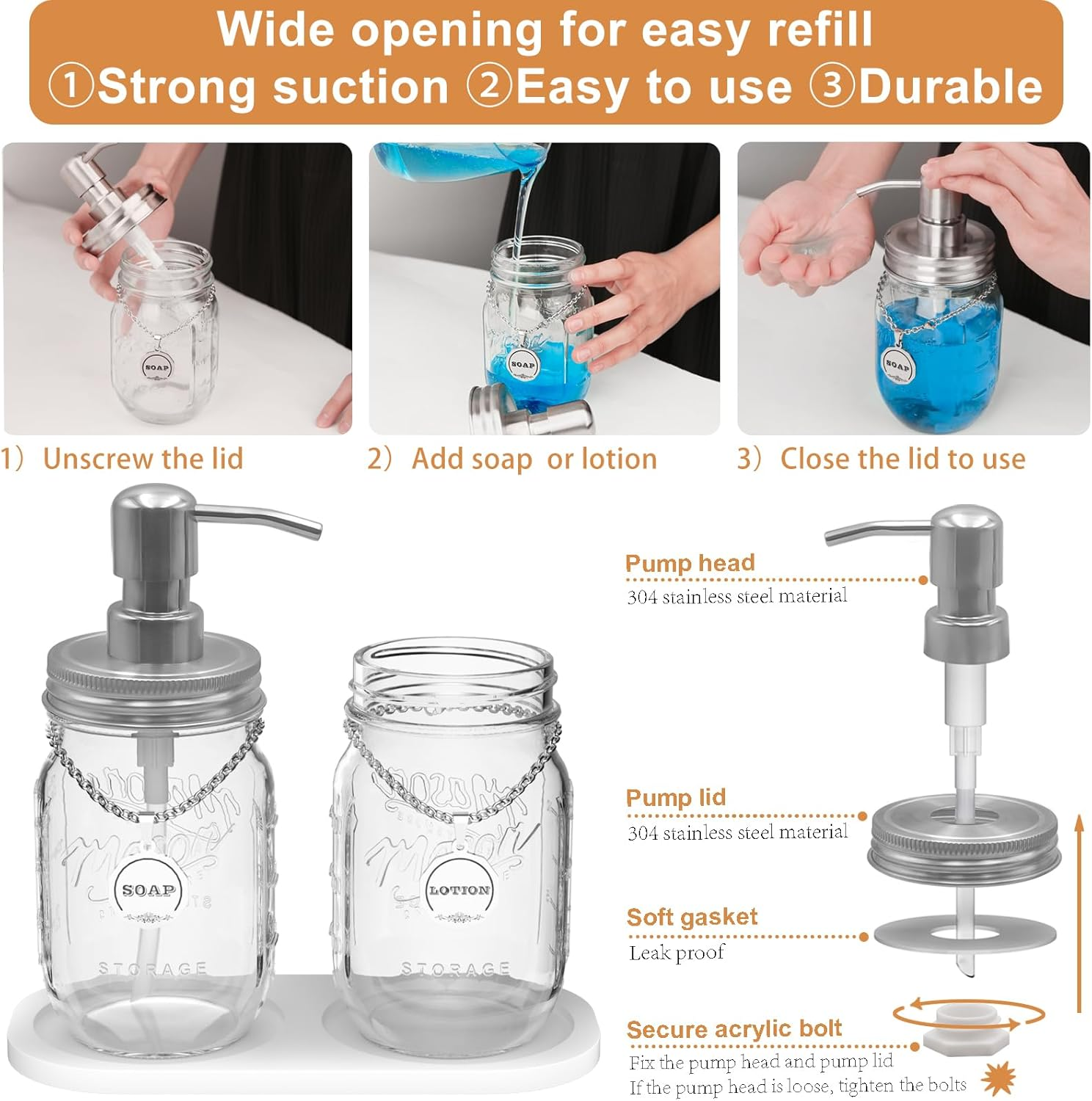 Mason Jar Soap Dispenser Set with 16 Ounce Mason Jar， Non-Slip Coaster, Made from Rust Proof Stainless Steel, Soap Labels (Silver+Metal Tags) image number 6