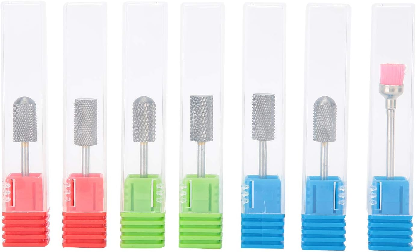 7Pcs Nail Drill Bits Set, 3/ Inch Electric Manicure Multi Functional Grinding Head, 6Pcs Tungsten Carbide Drill Bits, for Nail Polishing, Silver (2Xc & 2Xm & 2Xf & 1Pcs Brush)