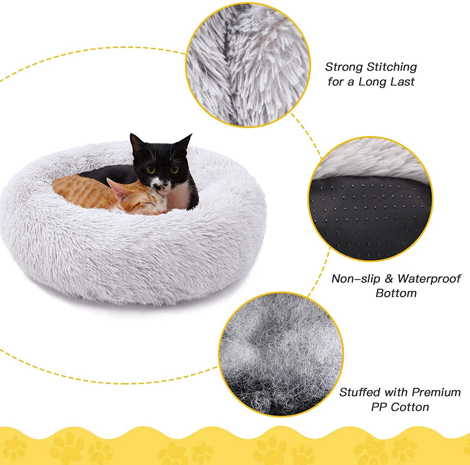 Pets Calming Cat Bed Dog Beds, Proxima Direct Ultra Soft Cat Cushion Bed round Nest Fluffy Plush Bed Donut Cuddler Dog Bed with Non-Slip Bottom Suitable for Cats or Dogs Puppy (60CM, Light Grey) image number 3